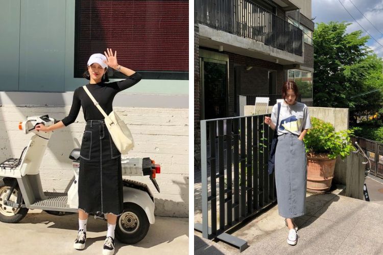 chân váy jean dài phối với áo gì